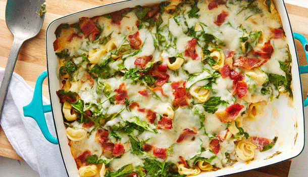 Cheesy Bacon and Spinach Tortellini Casserole