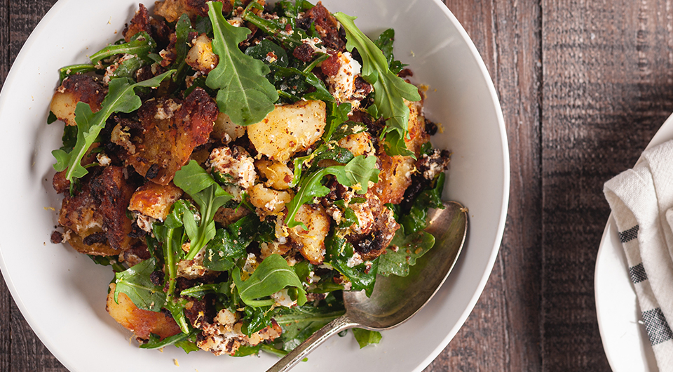 Smashed Potatoes with Chèvre & Arugula