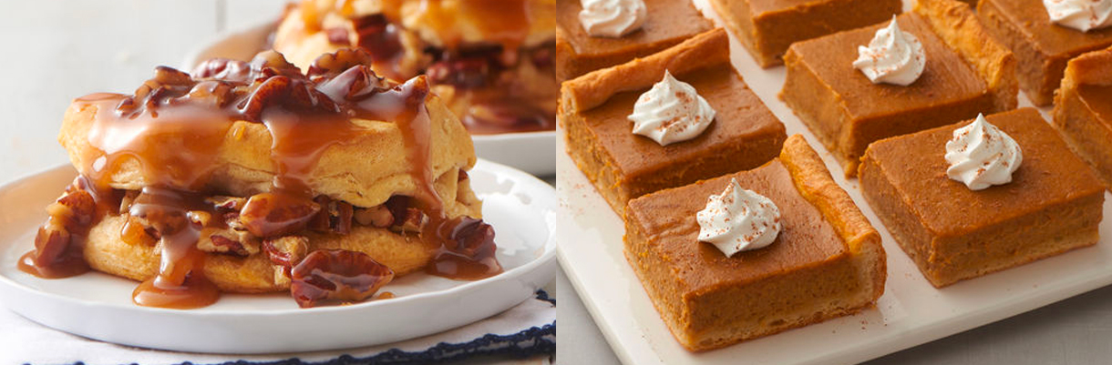 Pecan Praline-Stuffed Breakfast Biscuit Sandwiches; Pumpkin Pie Bars