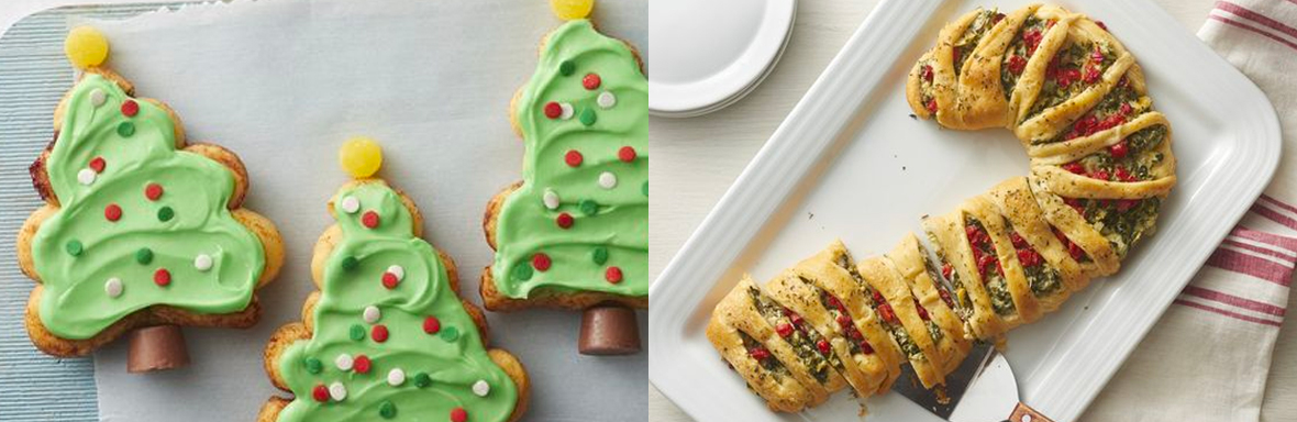 Christmas Tree Cinnamon Rolls and Spinach-Artichoke Crescent Candy Cane