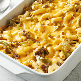 Lightened-Up Philly Cheese Steak Mac and Cheese Bake