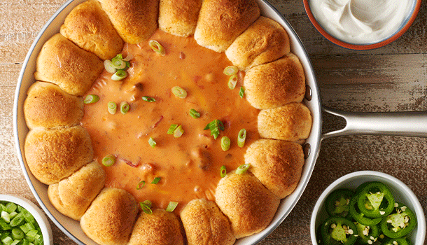 Skillet Queso Dip with Taco Biscuit Bombs