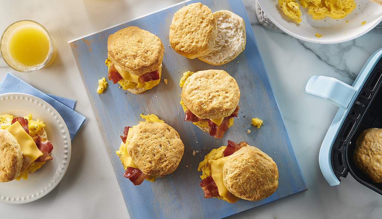 Air Fryer Bacon, Egg and Cheese Biscuit Breakfast Sandwiches