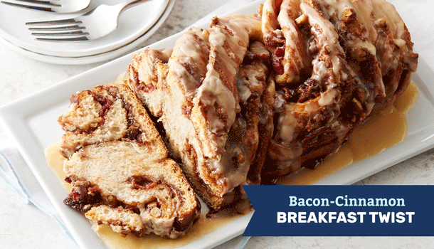 Bacon-Cinnamon Breakfast Twist; Monte Cristo Bundtwich; Cheese and Bacon-Filled Waffles