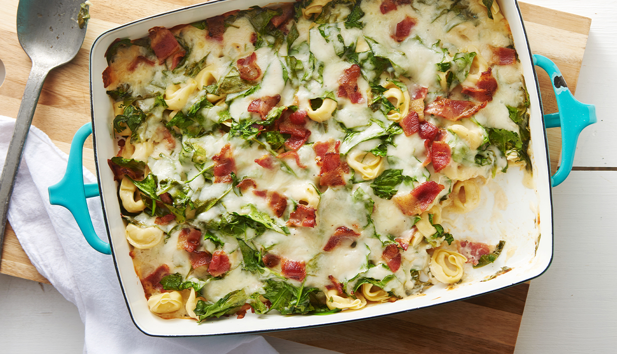 Cheesy Bacon and Spinach Tortellini Casserole