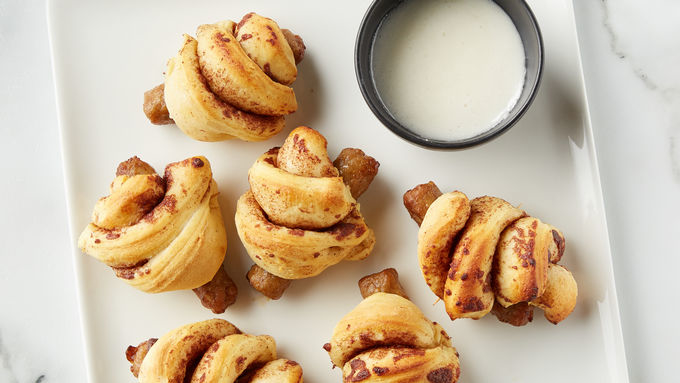 Cinnamon Roll-Wrapped Sausage with Maple Dipping Sauce